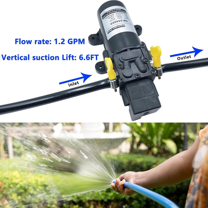 nodehawk DC 12V Diaphragm Pump, Self-Priming Sprayer Pump, 1.2 GPM 87 PSI Pressure Switch Adjustable water pump, With 2 hose clamps, for RV Camping Shower Garden Irrigation - Image 3